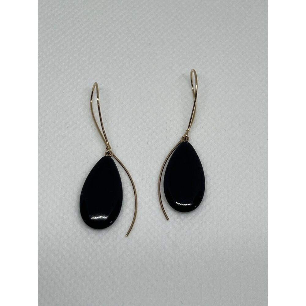 Nabco 14K Yellow Gold Onyx Drop Earrings with Extra Long French Wires 3.8 Grams